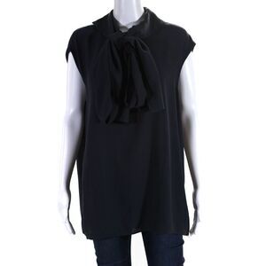 Designer Women's Collared Sleeveless Tie Neck Blouse Navy Blue Size S